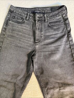 AllSaints women’s Washed Charcoal Slim Jeans with black Jewles down legs
